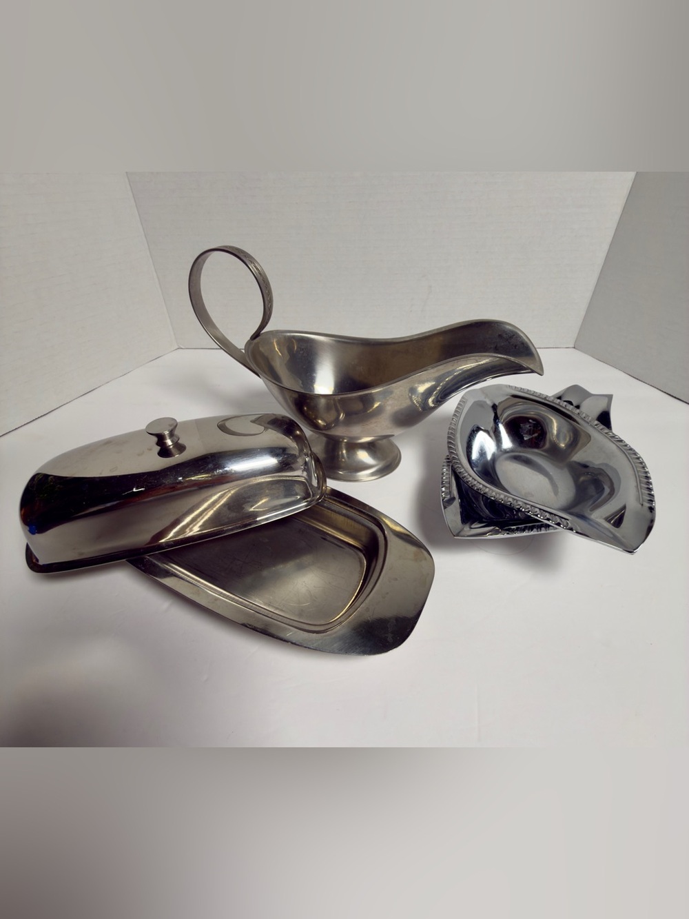 Stainless Steel Gravy Boat and Serving Pieces - Silver